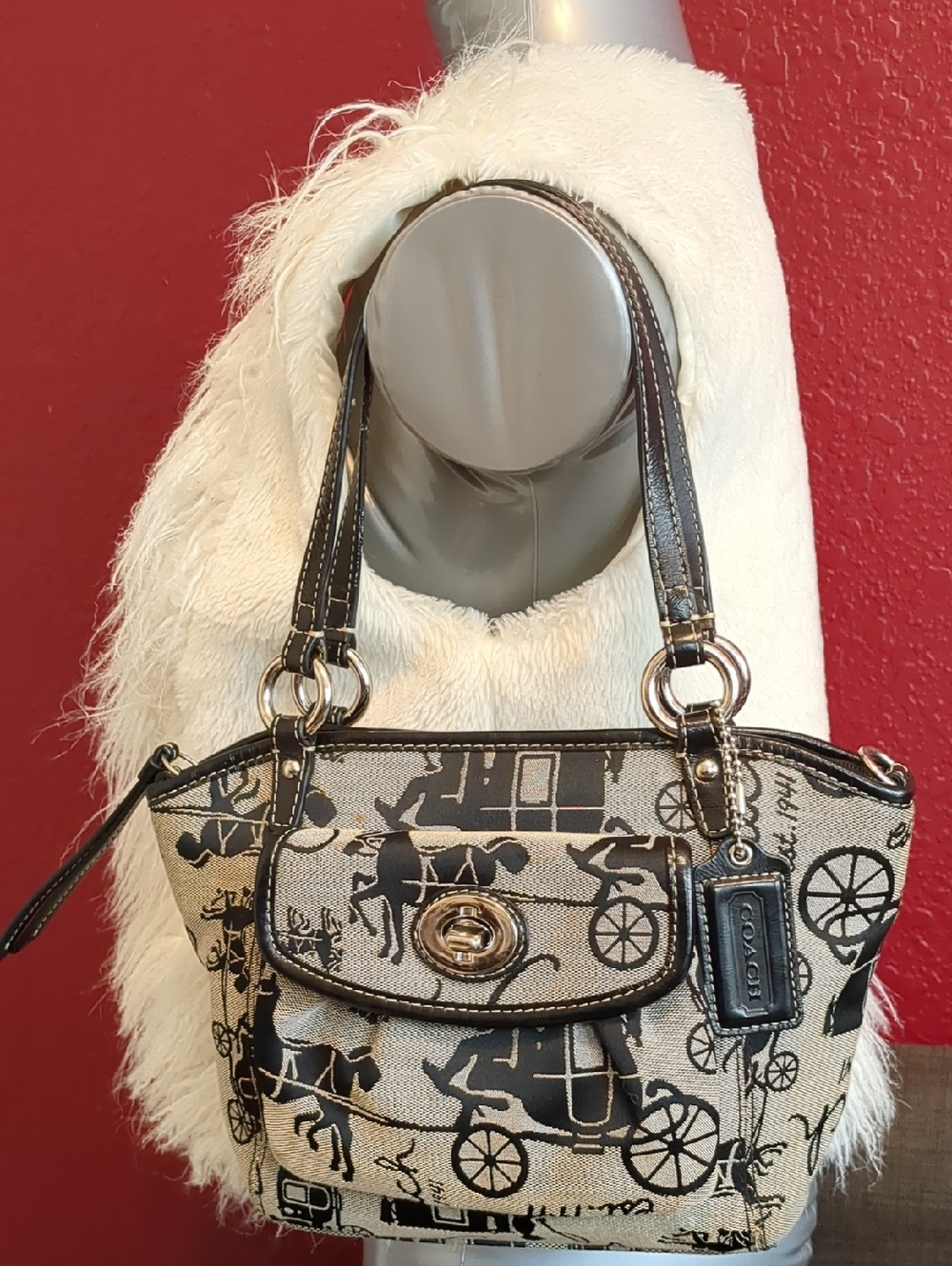 Coach Beige-Black Carriage Print Jacquard Canvas Leather Shoulder Bag F14855